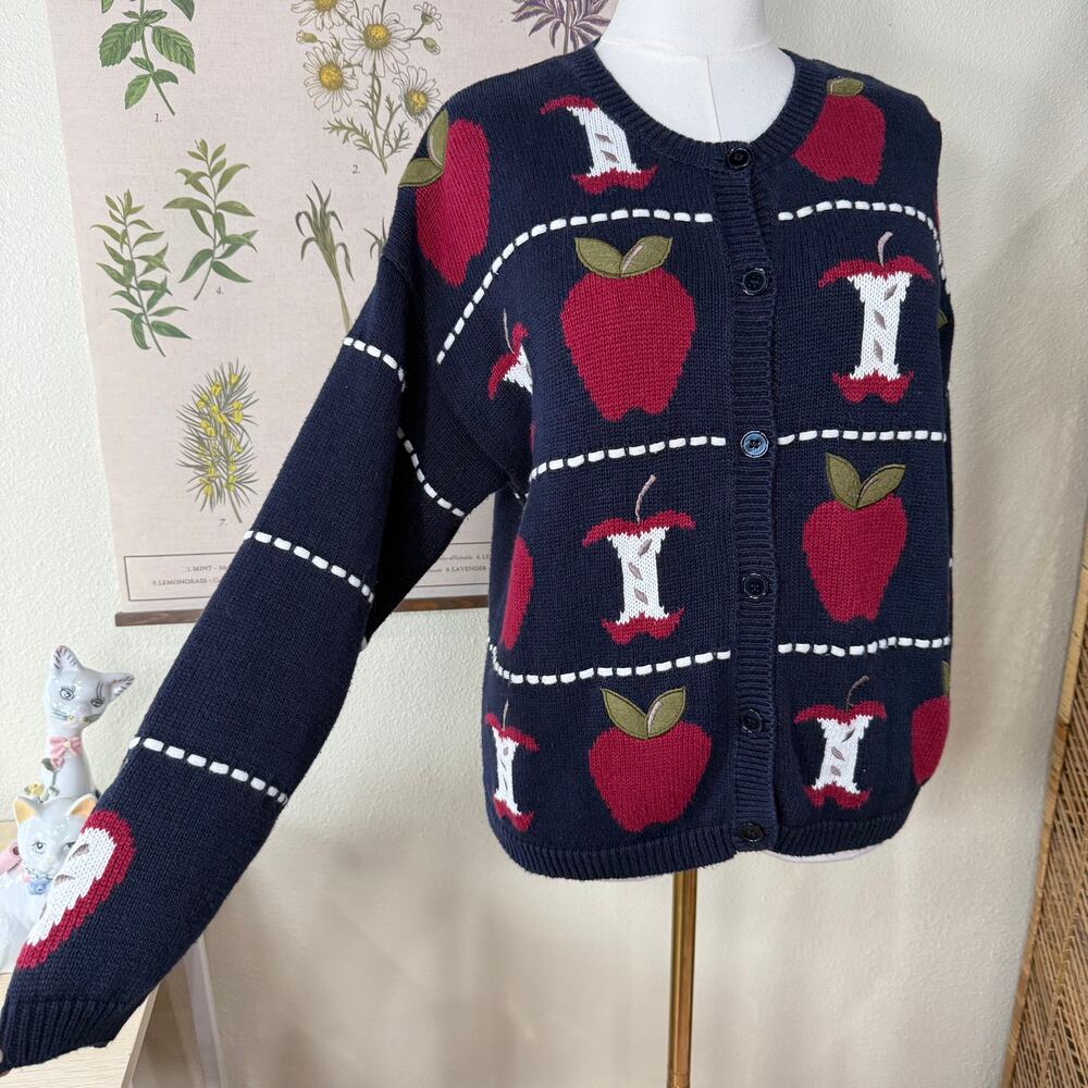 Y2k Embroidered Apple Cardigan Sweater Whimsy Twee Novelty Art Teacher Cottage L - Picture 4 of 10